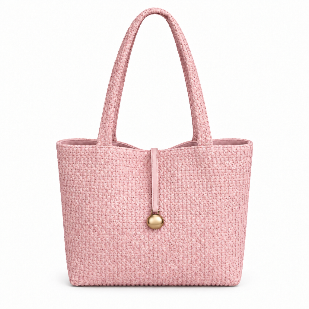 Woven Texture Gold-Charm Shoulder Tote - pink, studio view