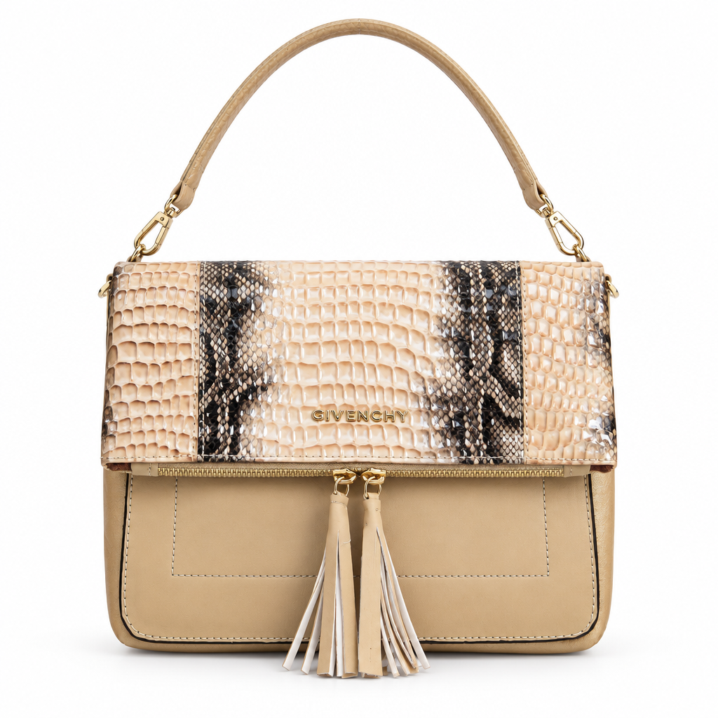 Givenchy style fold-over tassel bag - beige python, studio view