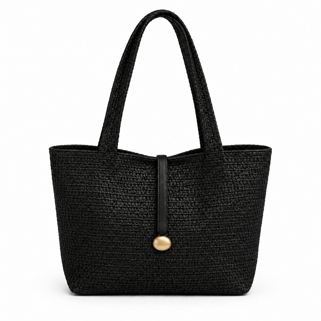 Woven Texture Gold-Charm Shoulder Tote - black, studio view
