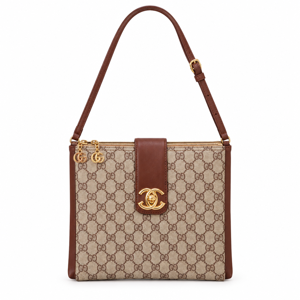 Gucci style GG canvas turn-lock crossbody bag - beige and brown, studio view