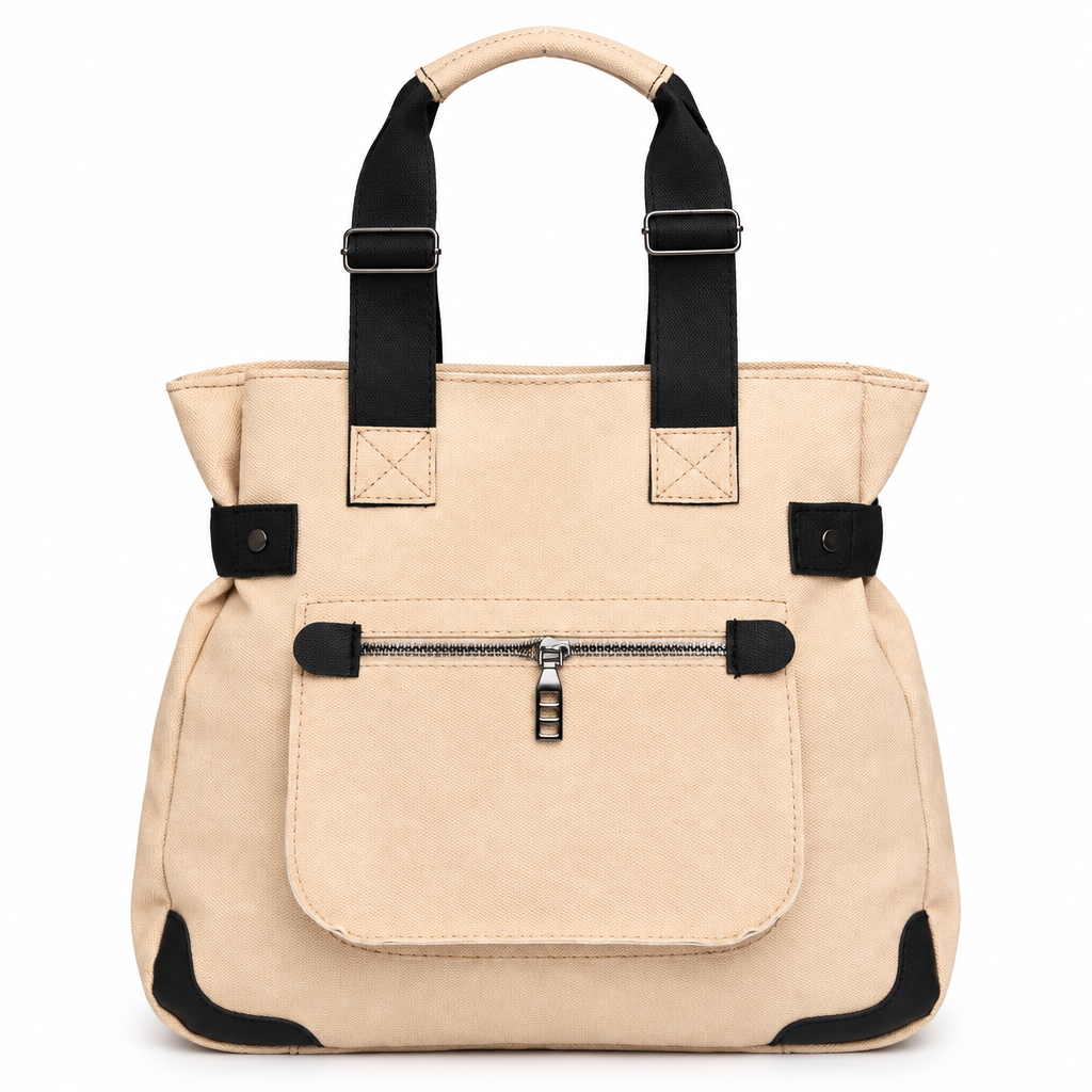 Canvas utility tote bag - beige with black, studio view
