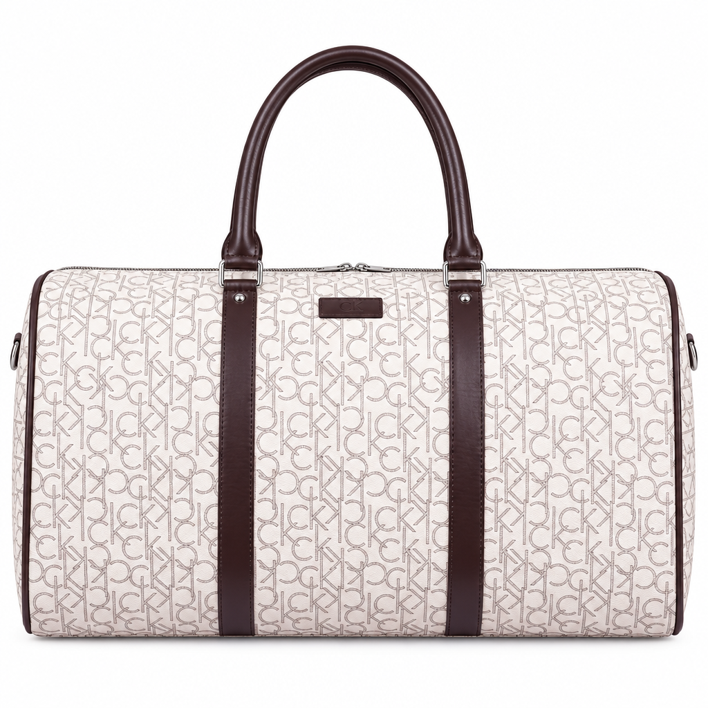 CK style monogram travel duffel - cream with brown trim, studio view