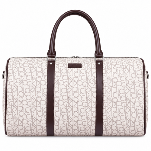 CK style monogram travel duffel - cream with brown trim, studio view