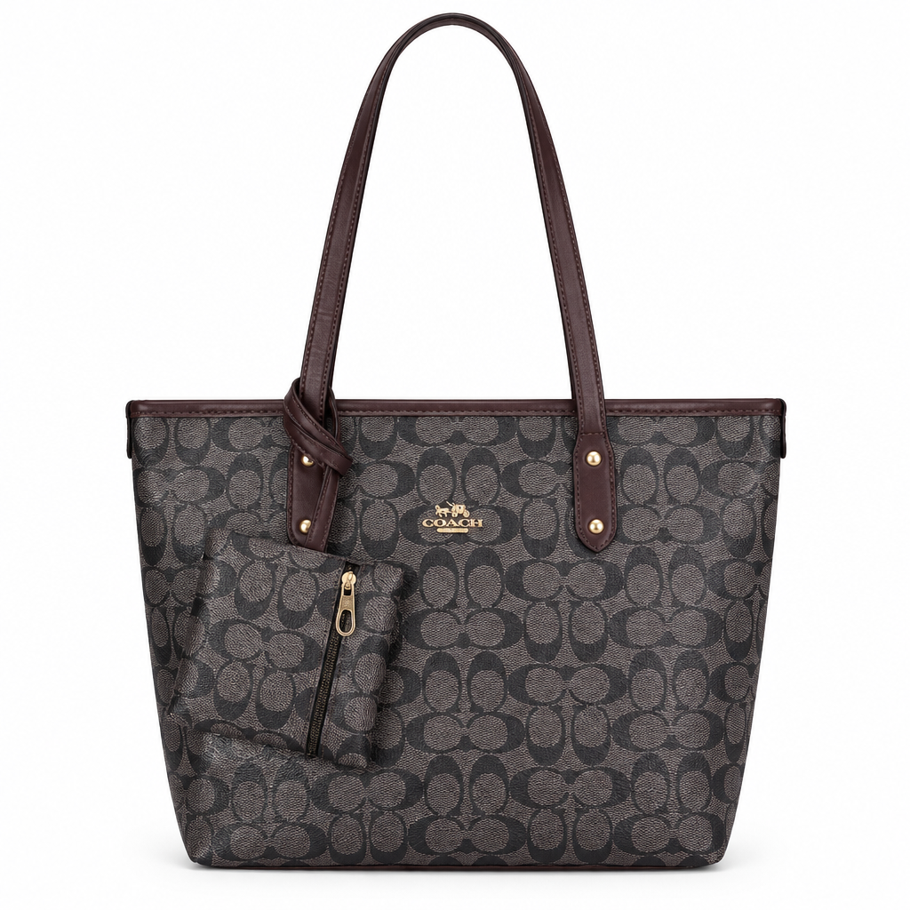 Coach Style Signature Shoulder Tote & Pouch Set - charcoal with dark-brown trim, studio view