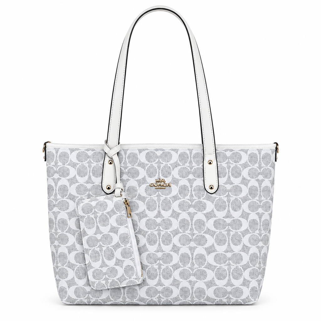 Coach Style Signature Shoulder Tote & Pouch Set - white-grey with white trim, studio view