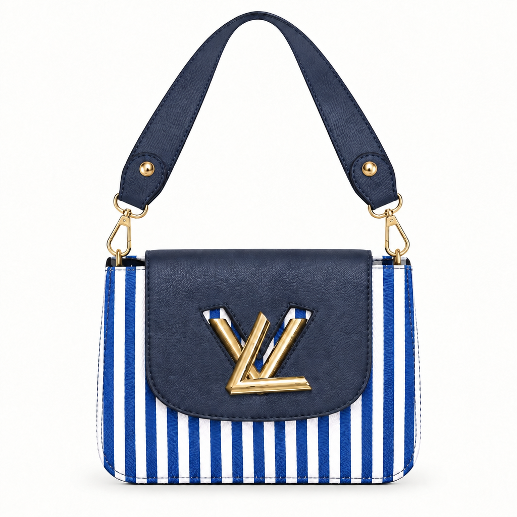 Louis Vuitton style striped twist lock flap bag - navy and blue stripe, studio view