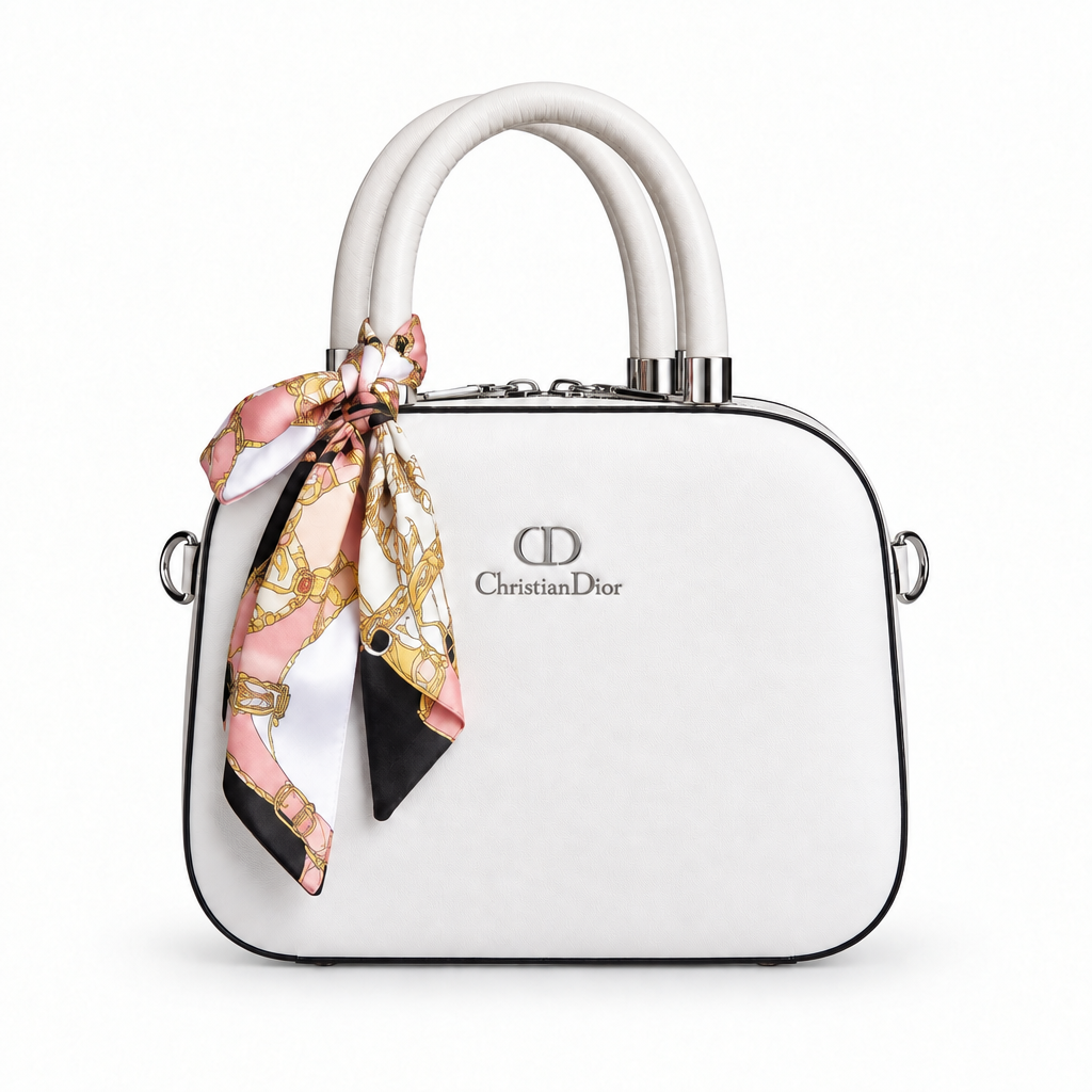 Dior Style Scarf-Handle Mini Bowler Bag - white, studio view