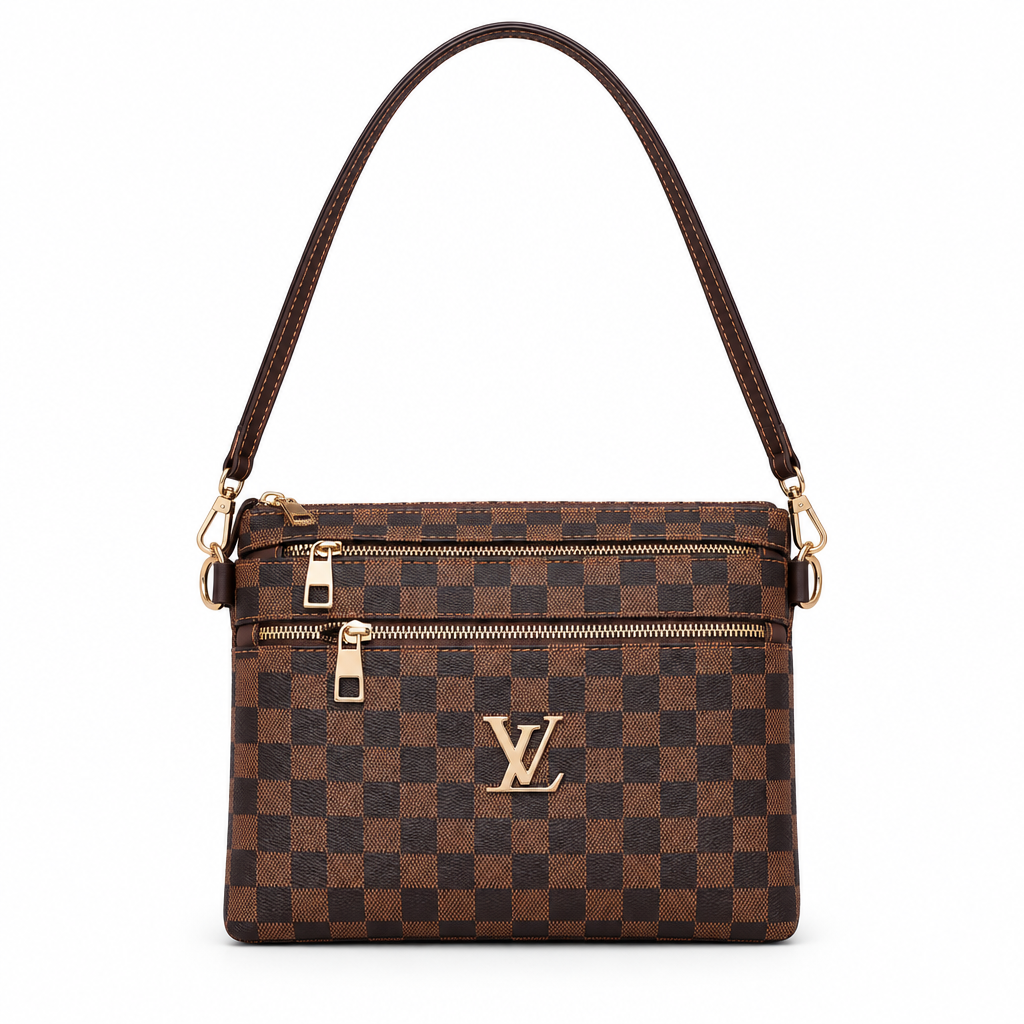 Monogram double zip shoulder bag - brown check LV style, studio view