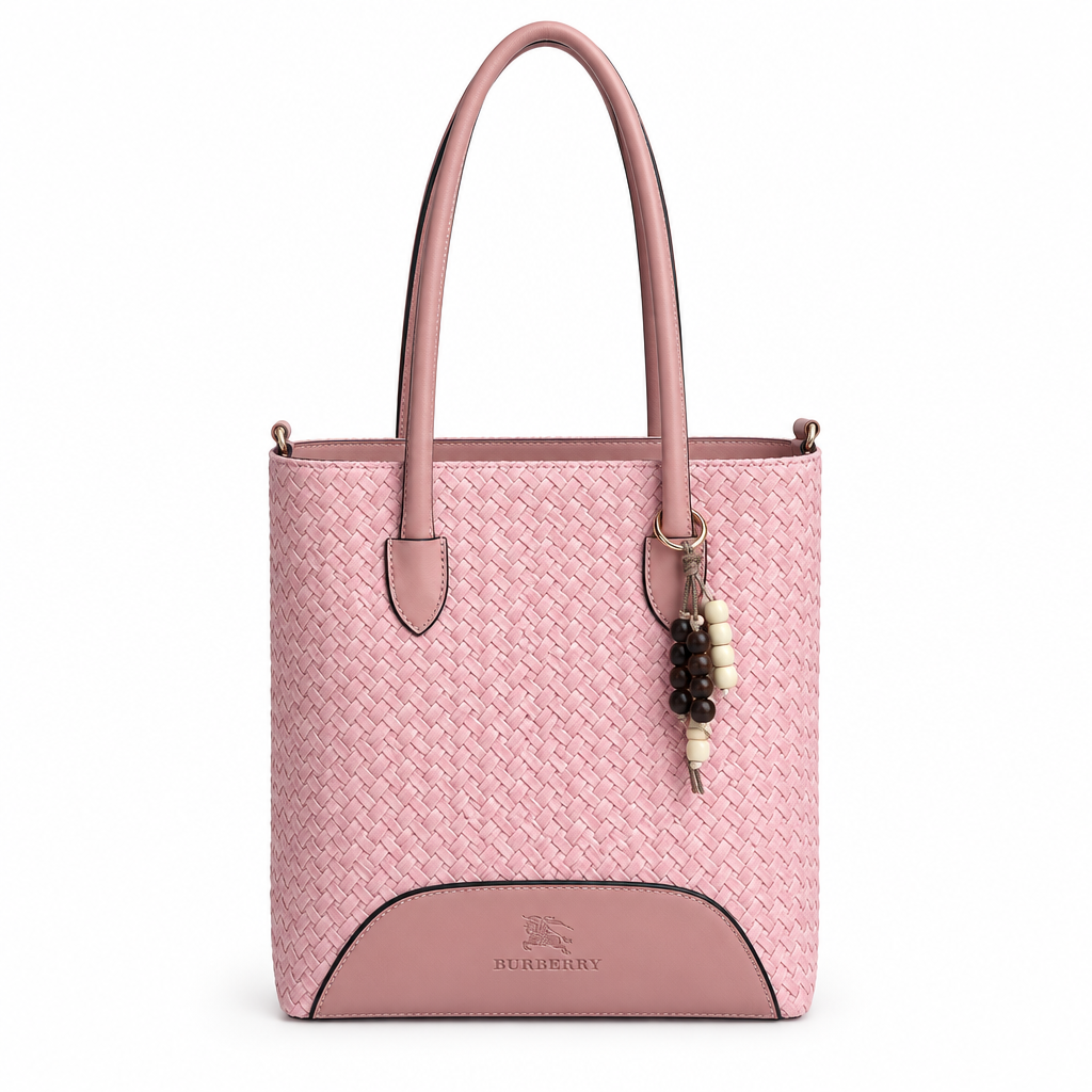 Burberry Style Woven Bead-Charm Shoulder Tote - pink, studio view