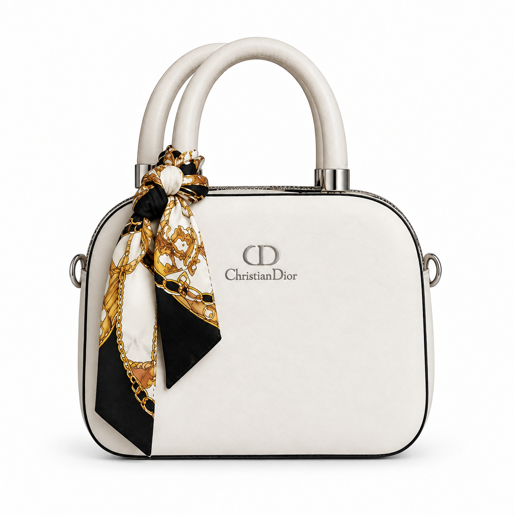 Dior Style Scarf-Handle Mini Bowler Bag - ivory, studio view