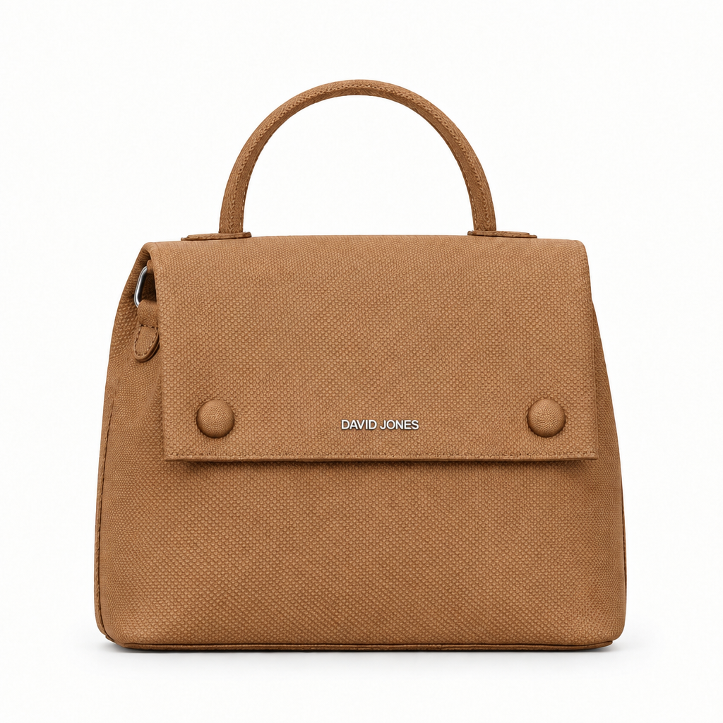 David Jones style textured flap top handle bag - tan, studio view