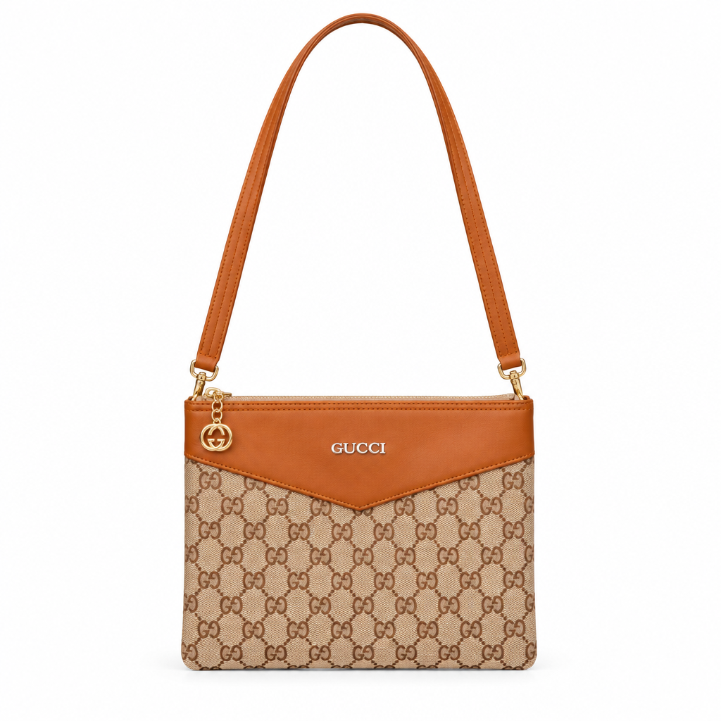 Gucci style GG canvas crossbody pouch - beige with tan, studio view