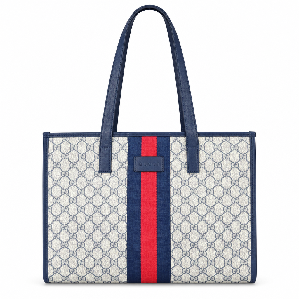 Gucci style GG stripe tote - cream with navy trim, studio view