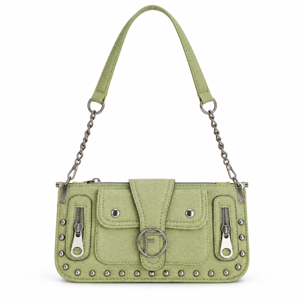 Studded cargo pocket shoulder bag - sage green, studio view