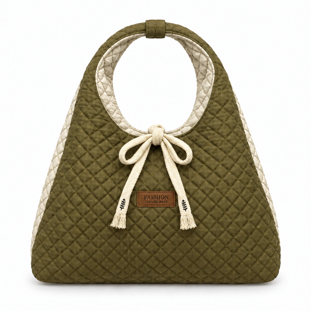 Diamond-Quilted Ribbon Bow Shoulder Tote - olive and cream two-tone, studio view