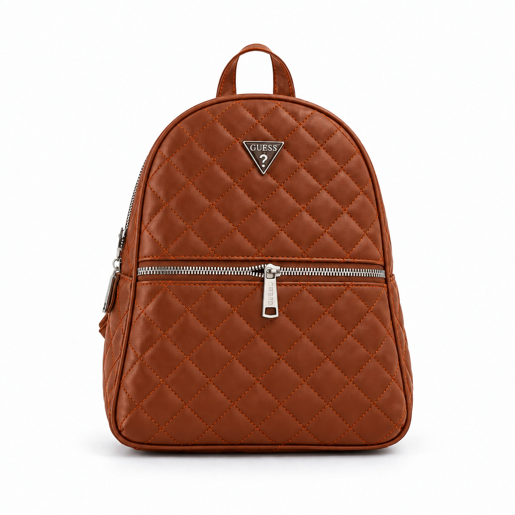 Guess style quilted backpack with triangle logo - cognac, studio view