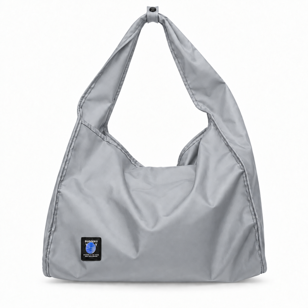 Globe Patch Wide-Strap Slouchy Shoulder Bag - grey, studio view