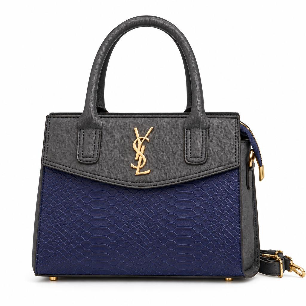 Saint Laurent style snake embossed mini tote - navy with grey, studio view