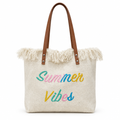 Summer Vibes embroidered fringe beach tote - off-white, studio view