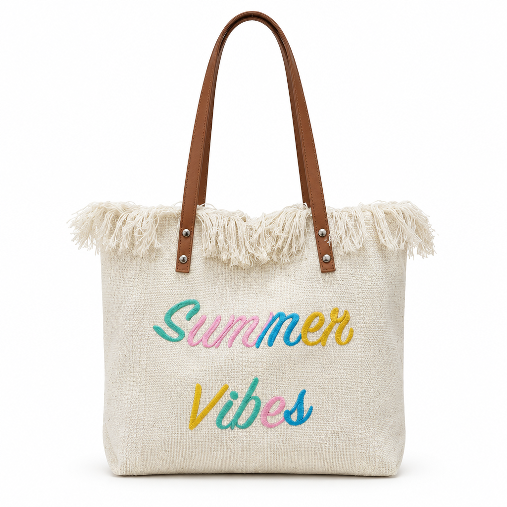 Summer Vibes embroidered fringe beach tote - off-white, studio view