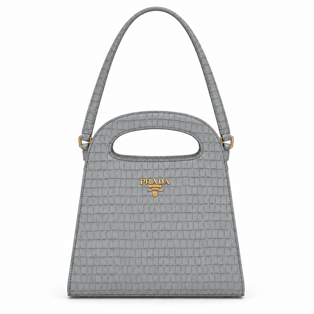 Prada style croc embossed cut-out handle bag with strap - grey, studio view
