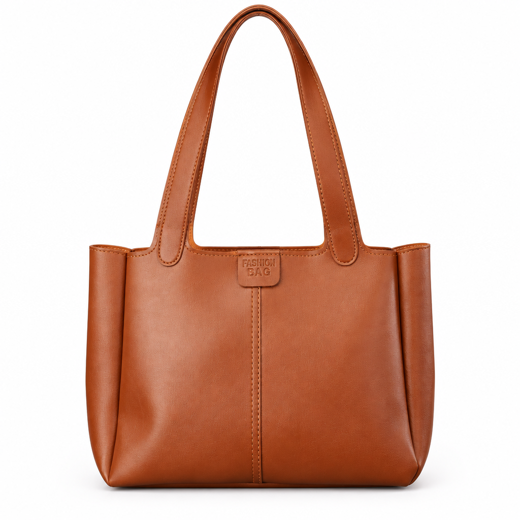 Soft leather shoulder tote bag - cognac, studio view