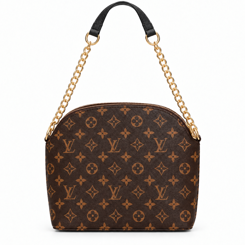 Louis Vuitton style monogram dome chain bag - brown monogram, studio view