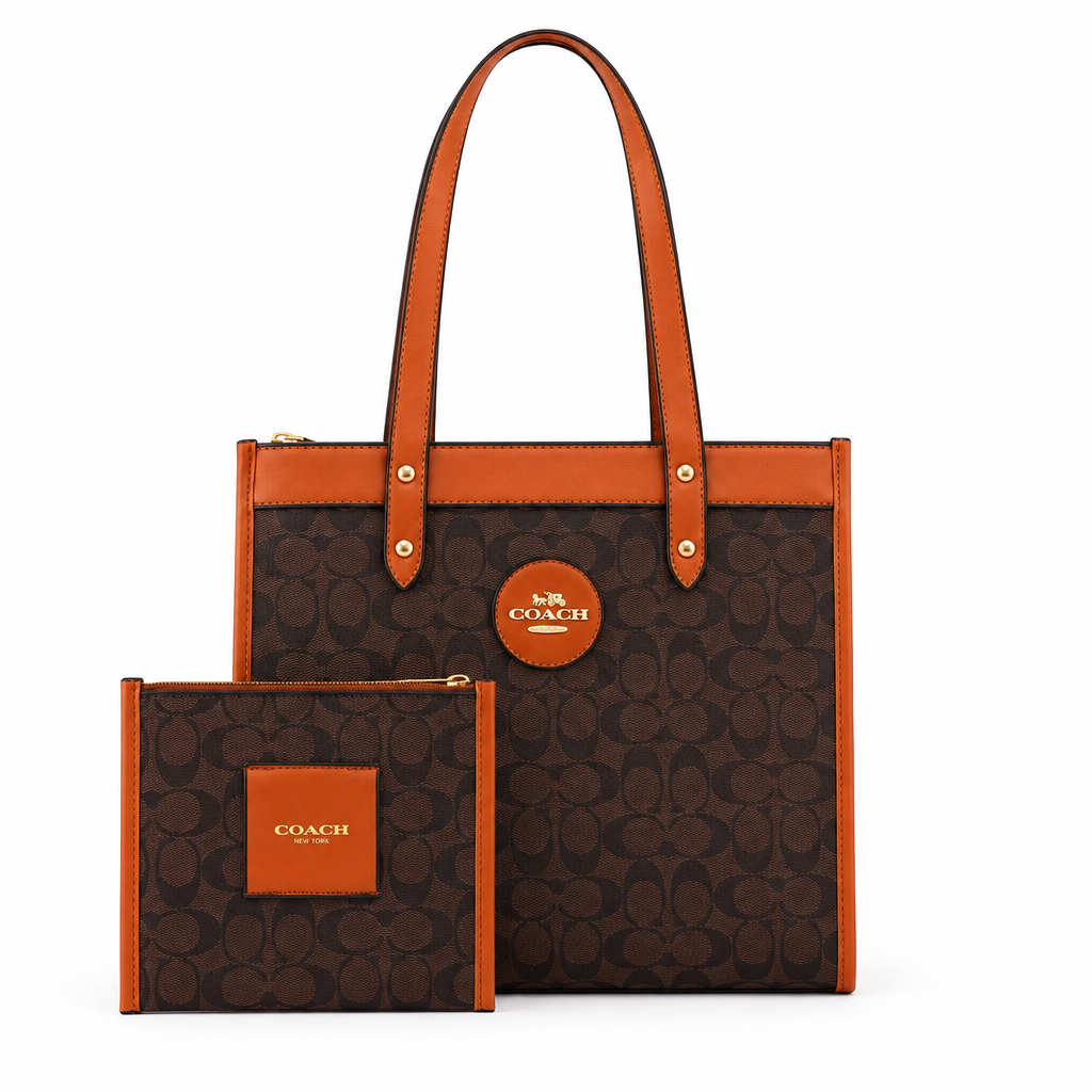 Coach style Signature Field tote with pouch - dark brown with orange-brown trim, studio view