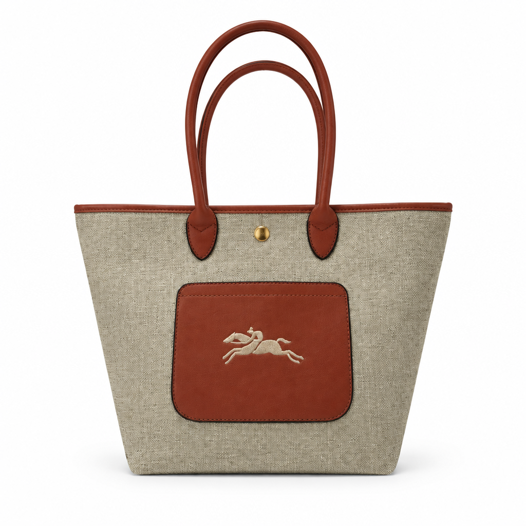 Longchamp style canvas tote with leather pocket - grey beige, studio view