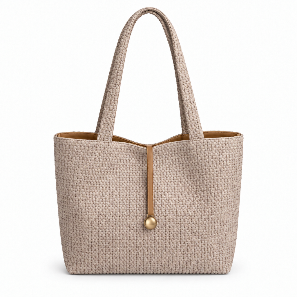 Woven Texture Gold-Charm Shoulder Tote - taupe, studio view