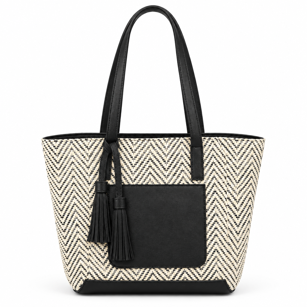 Chevron woven straw tote with tassels - black, studio view