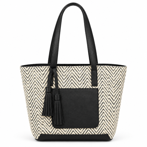 Chevron woven straw tote with tassels - black, studio view