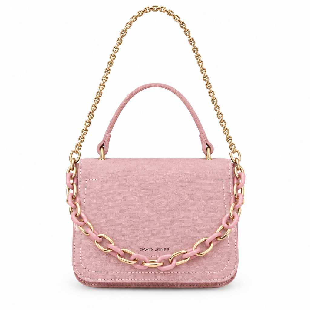 David Jones style mini flap bag with link chain - pink, studio view