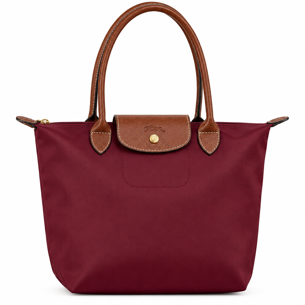 Longchamp style shoulder tote - burgundy with brown trim, studio view