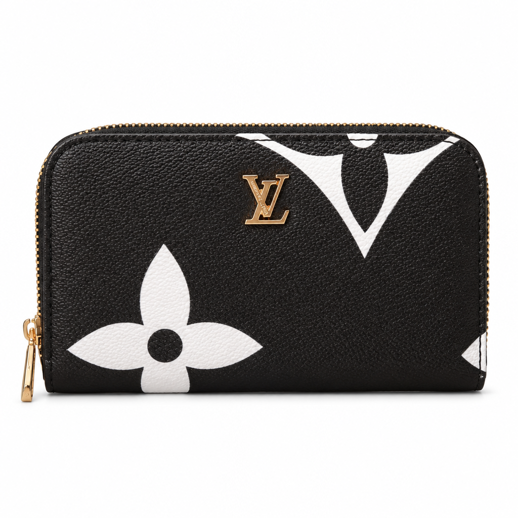 Louis Vuitton style giant monogram zip wallet - black and white, studio view