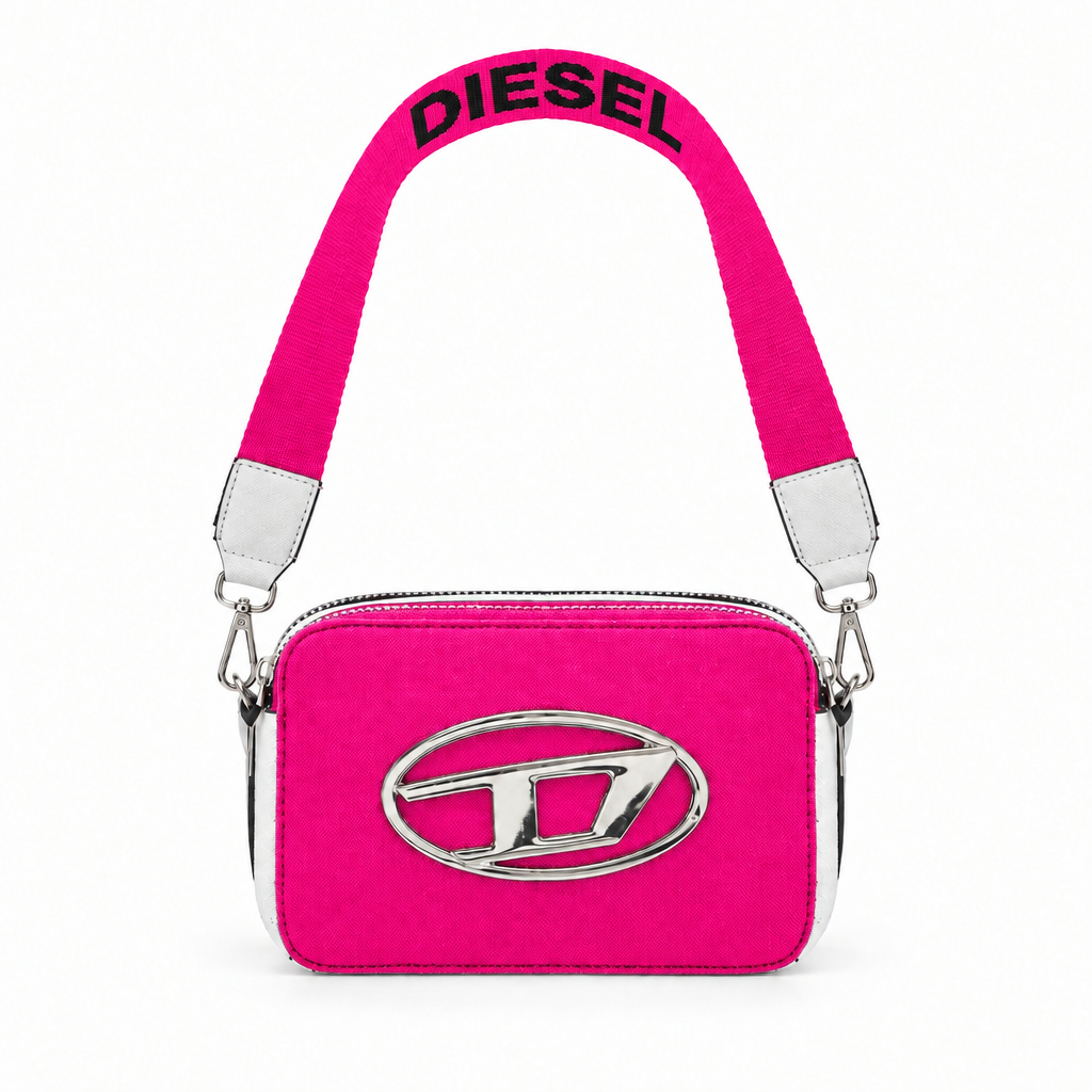 Diesel style camera bag with oval D logo - hot pink, studio view