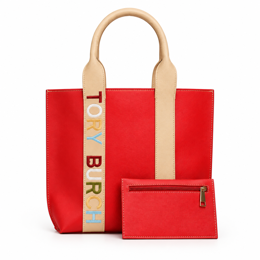 Tory Burch style embroidered logo tote with pouch - red, studio view