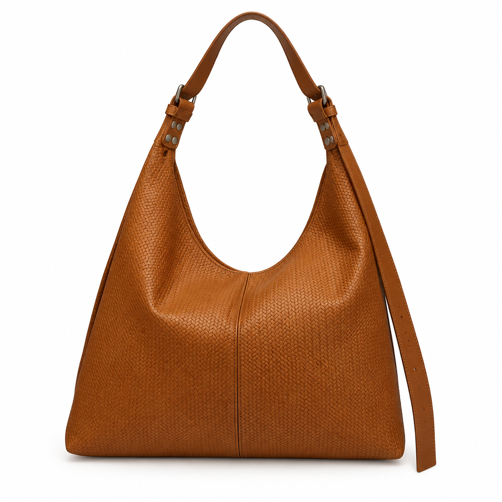 Woven Texture Adjustable-Strap Slouchy Hobo Bag - cognac, studio view