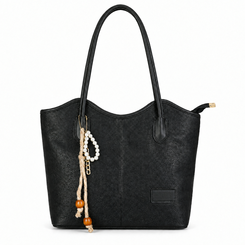 Pearl Charm Curved-Top Shoulder Tote - black with black trim, studio view