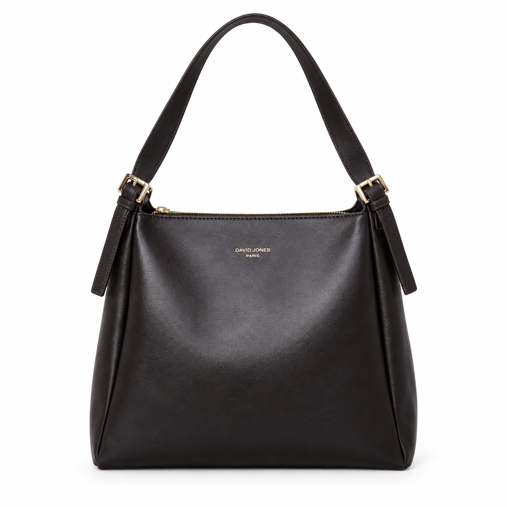 David Jones Style Twin-Buckle Shoulder Bag - dark brown, studio view