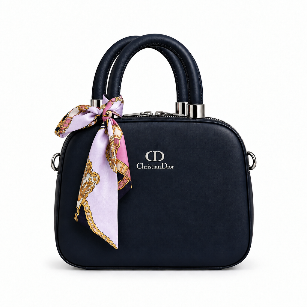 Dior Style Scarf-Handle Mini Bowler Bag - dark navy, studio view