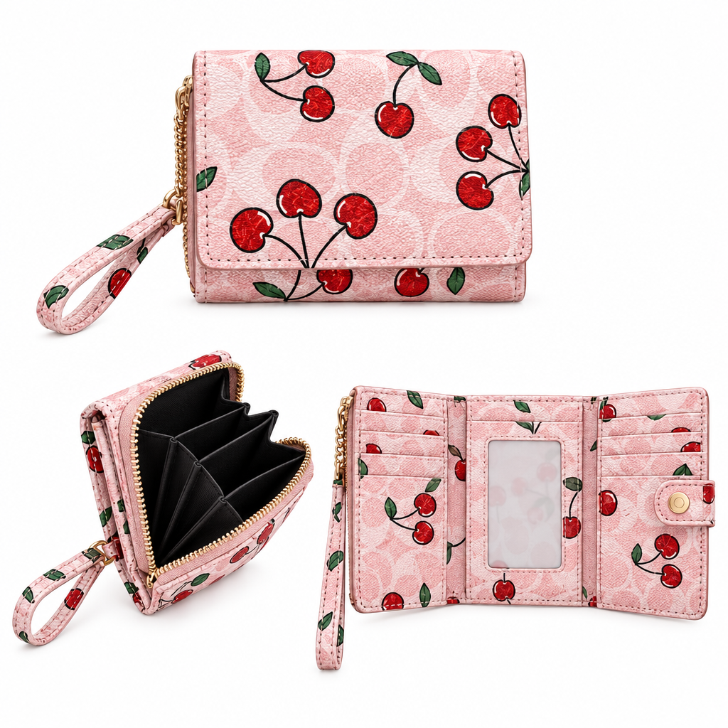 Coach style cherry wallet - pink, generated multi-view collage