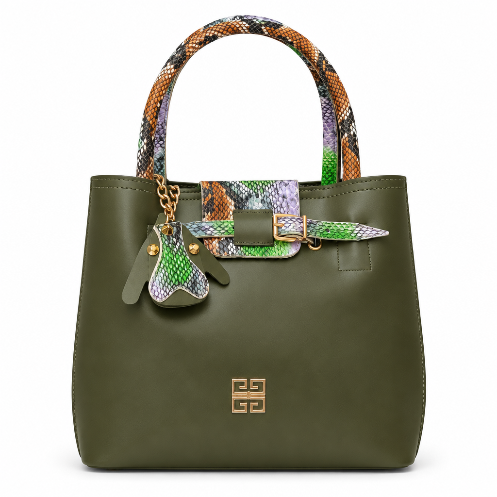 Givenchy style 4G snake handle tote - olive green with multicolor snake, studio view