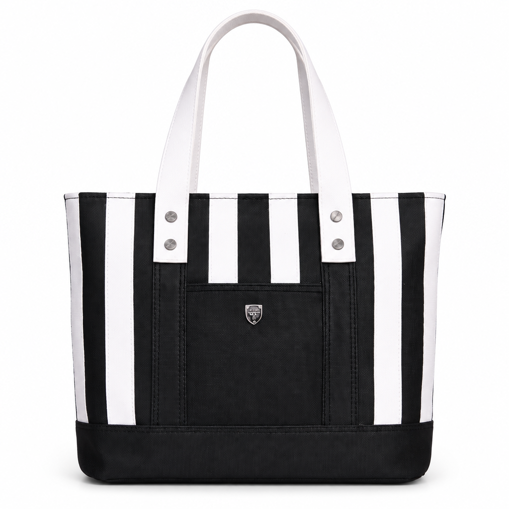 Striped canvas tote bag with front pocket - black and white, studio view
