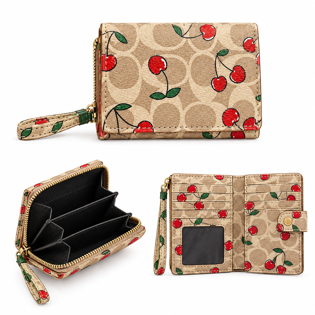 Coach style cherry wallet - beige signature, generated multi-view collage