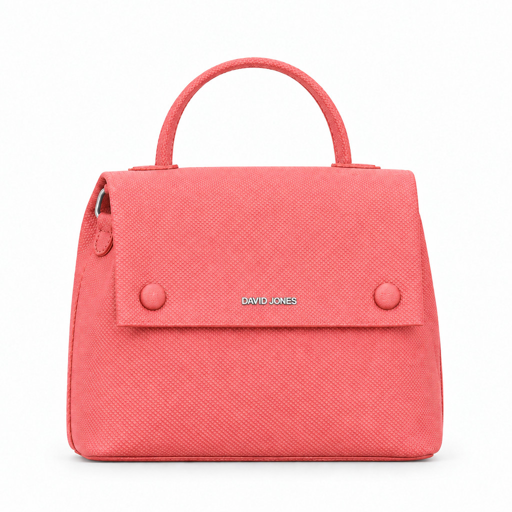 David Jones style textured flap top handle bag - coral pink, studio view