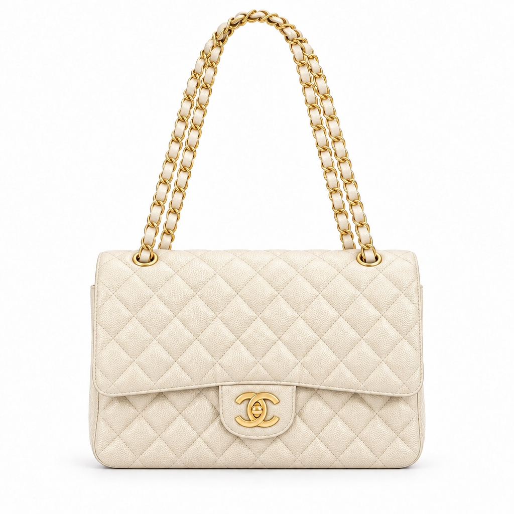 Chanel style medium classic quilted flap bag - cream, studio view