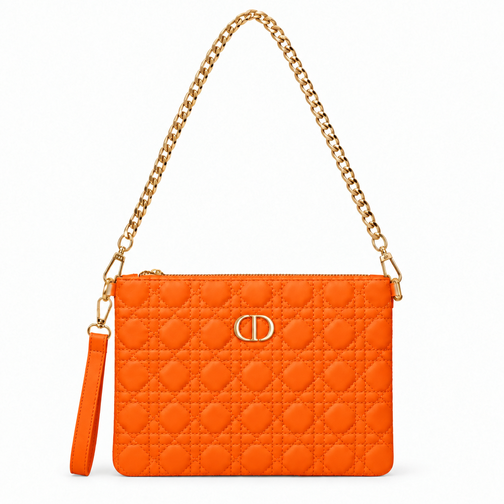 Dior style quilted cannage chain pouch bag - orange, studio view