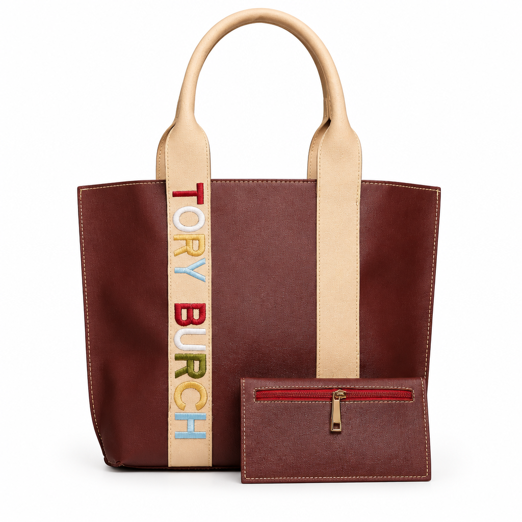 Tory Burch style embroidered logo tote with pouch - burgundy, studio view