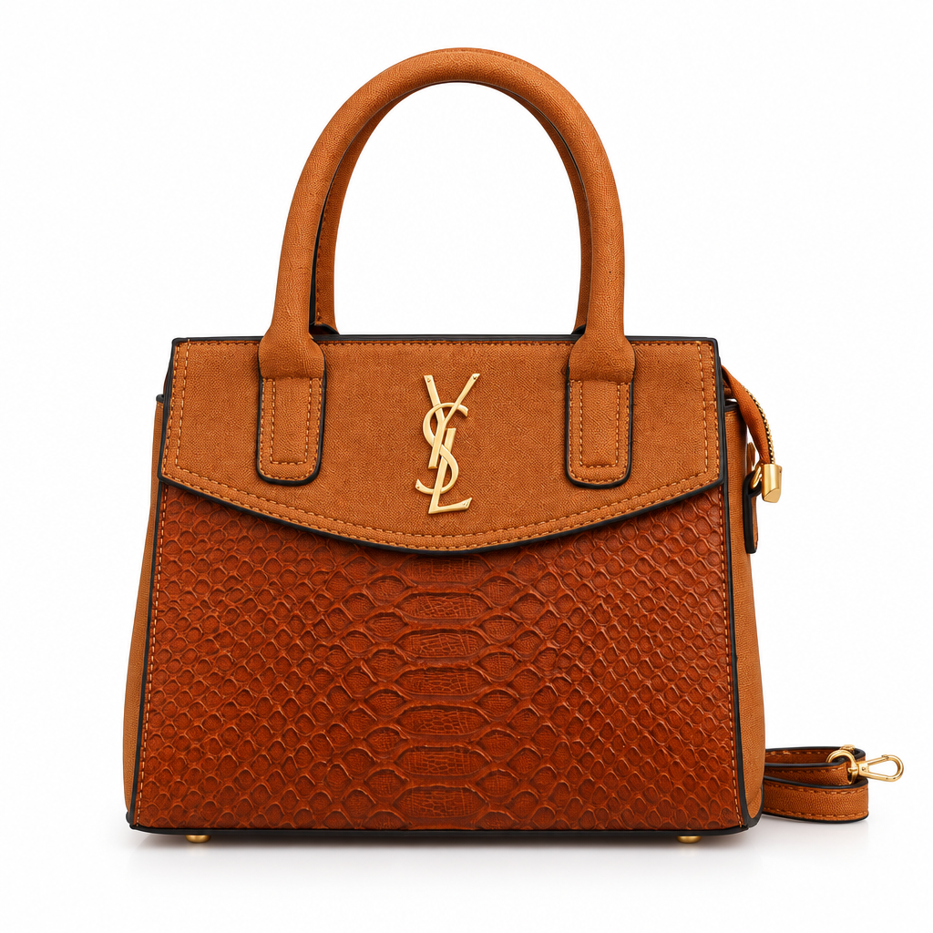 Saint Laurent style snake embossed mini tote - tan cognac, studio view